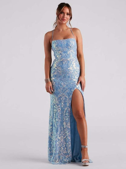 Off-neck Sequined Floor-length Evening Elegant Slit Banquet Party Dress