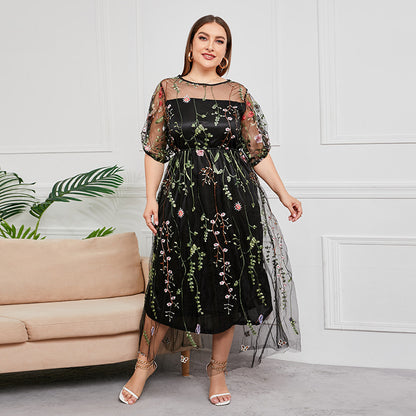 Plus Size Dress Evening Dress Women's Mesh Embroidered Midi Dress