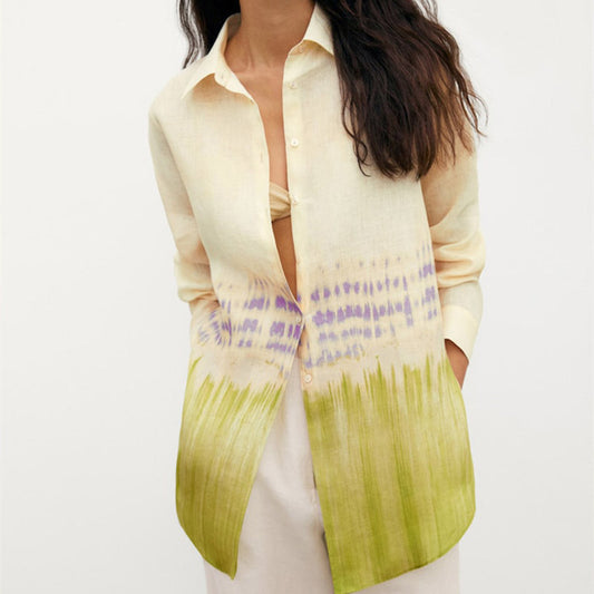 Linen Colorblock Drape Thin Tie-Dye Shirt