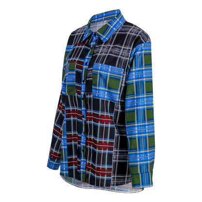 Plaid Contrast Stitching Retro Print Long-Sleeved Shirt