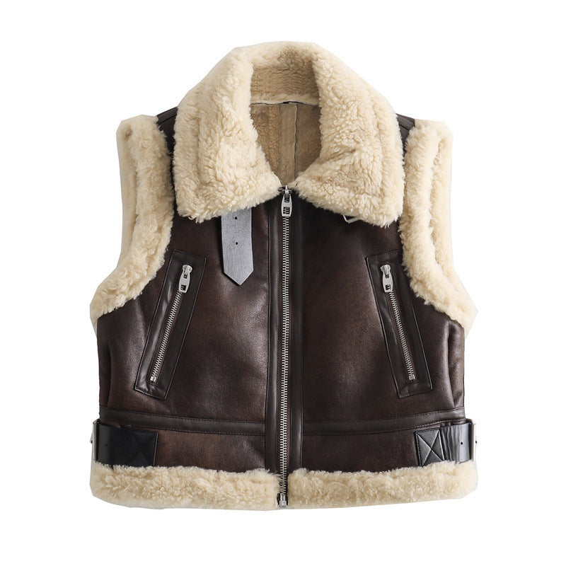 Women's Slim-fit Fleece-lined Lapel Double-sided Short Vest Jacket