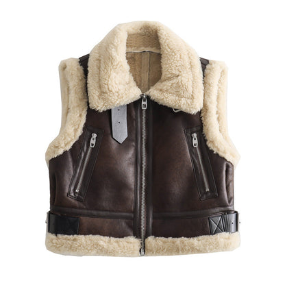 Women's Slim-fit Fleece-lined Lapel Double-sided Short Vest Jacket