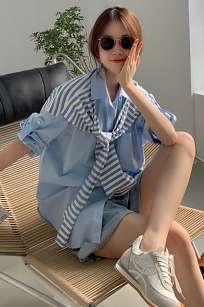 Niche Fake Two Piece Striped Shawl Shirt