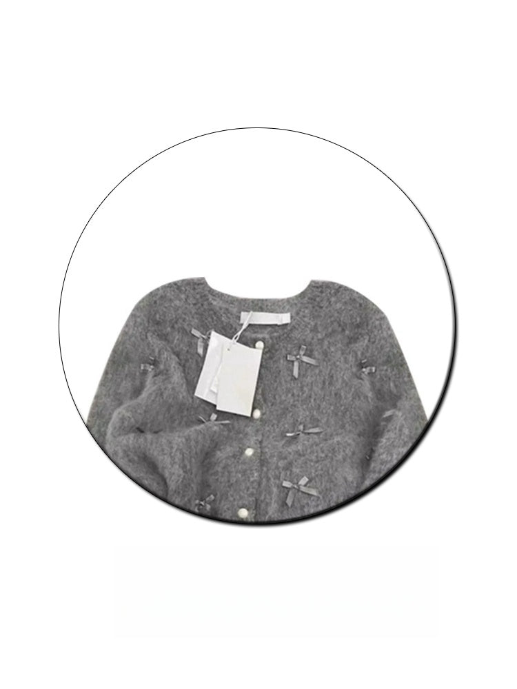 Pull à nœud gris pour femme, Cardigan tricoté en Mohair doux et gluant, élégant, manteau Chanel, automne et hiver