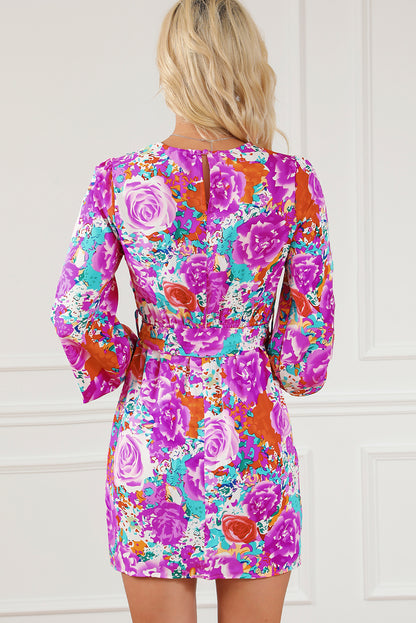 Purple Floral Keyhole Back Long Sleeve Belted Dress