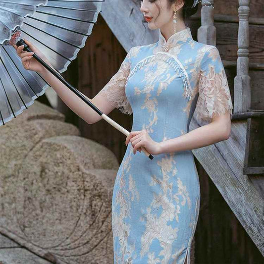 Dentelle Cheongsam jeune tempérament haut de gamme été