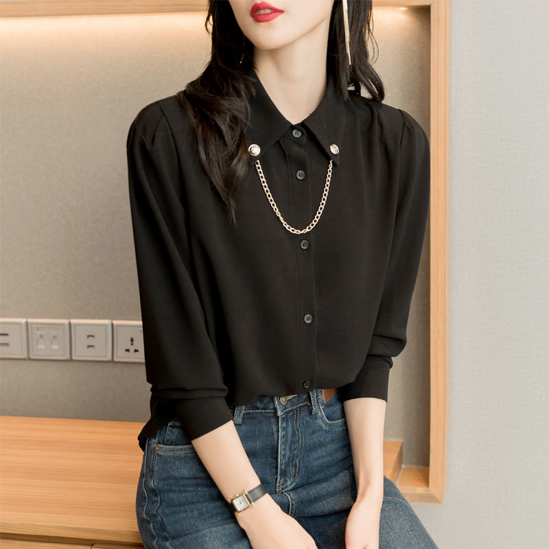 Long Sleeve Black Chiffon Top Ladies Blouse