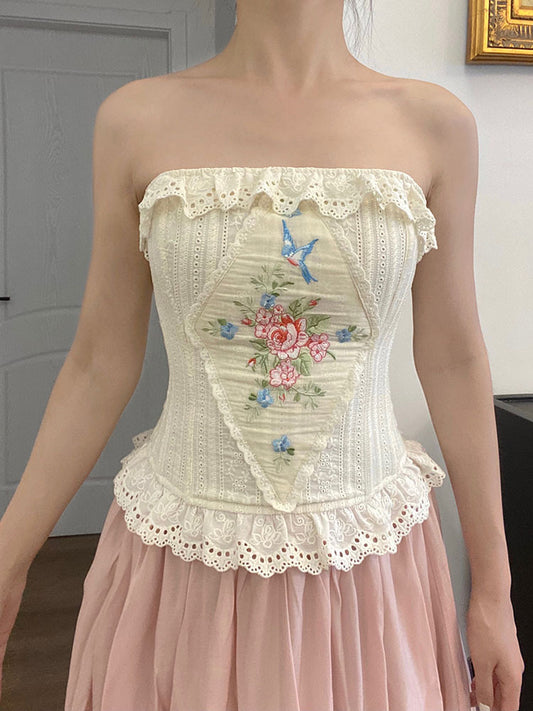 Bustier tubulaire sexy avec broderie personnalisée pastorale rétro, corset en os de poisson