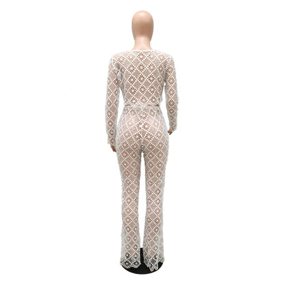 O-neck Short Top Bell-bottom Pants Lace Suit Without Lining