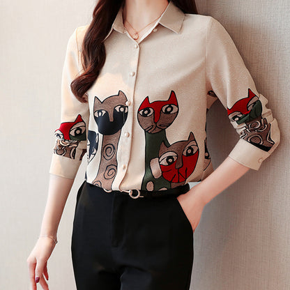 Spring And Autumn Vintage Cat Print Chiffon Shirt