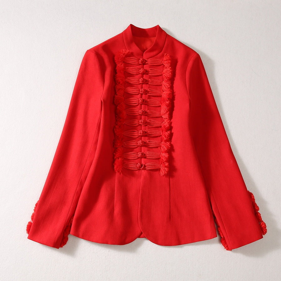 Chinese Button Knots Stand Collar Coat Pleated Skirt Fashion Suit