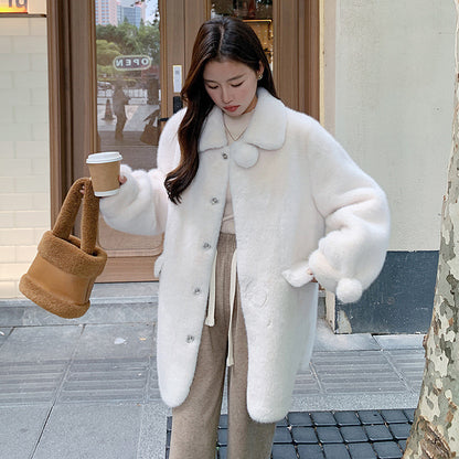 Peter Pan Collar Loose Mid-length Single-breasted Milky White Plush Coat