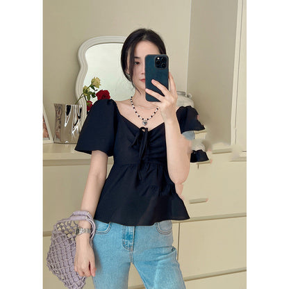 Women's New Square Collar Slim Waist Shirt Short Top