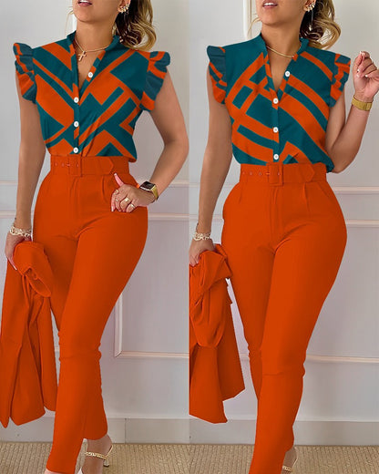 Printed Ruffle Sleeve Top Solid Color Pants Suit With Belt