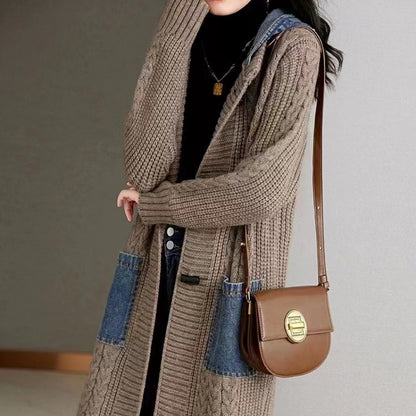 Hooded Denim Stitching Sweater Mid-length Knitted Cardigan Jacket