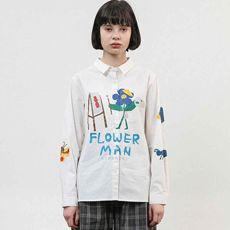 Japanese Childlike Artist Xiaohuaren Printed Lapel Basic Loose White Shirt Student Girl