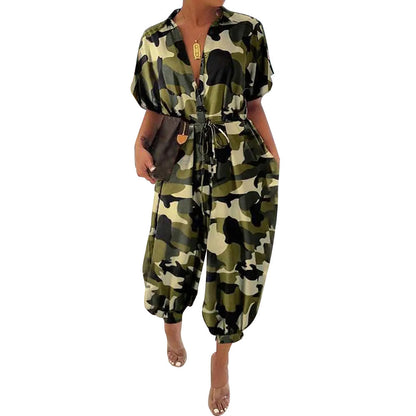 Women's Camo Short Sleeve Lapel High Waist Casual Loose Jumpsuit