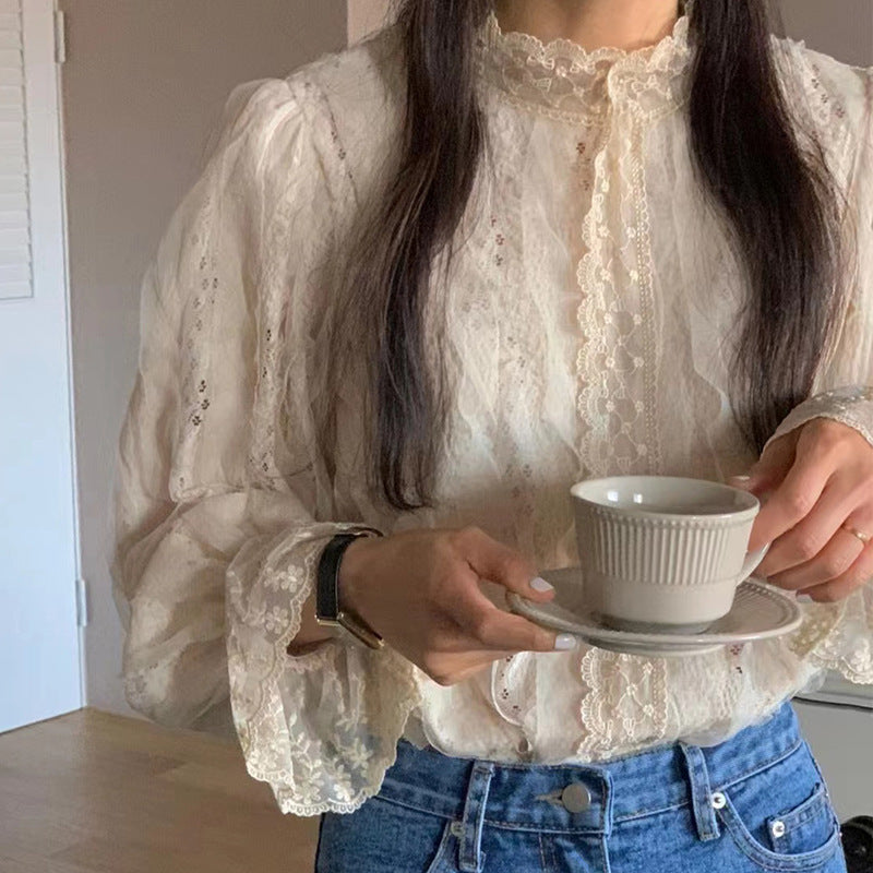 Camisa elegante con cuello levantado y manga abombada de encaje de temperamento para mujer