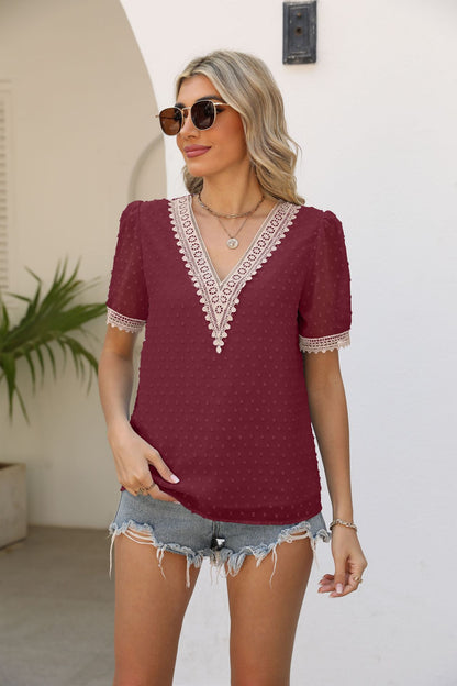 Contrast V-Neck Swiss Dot Top