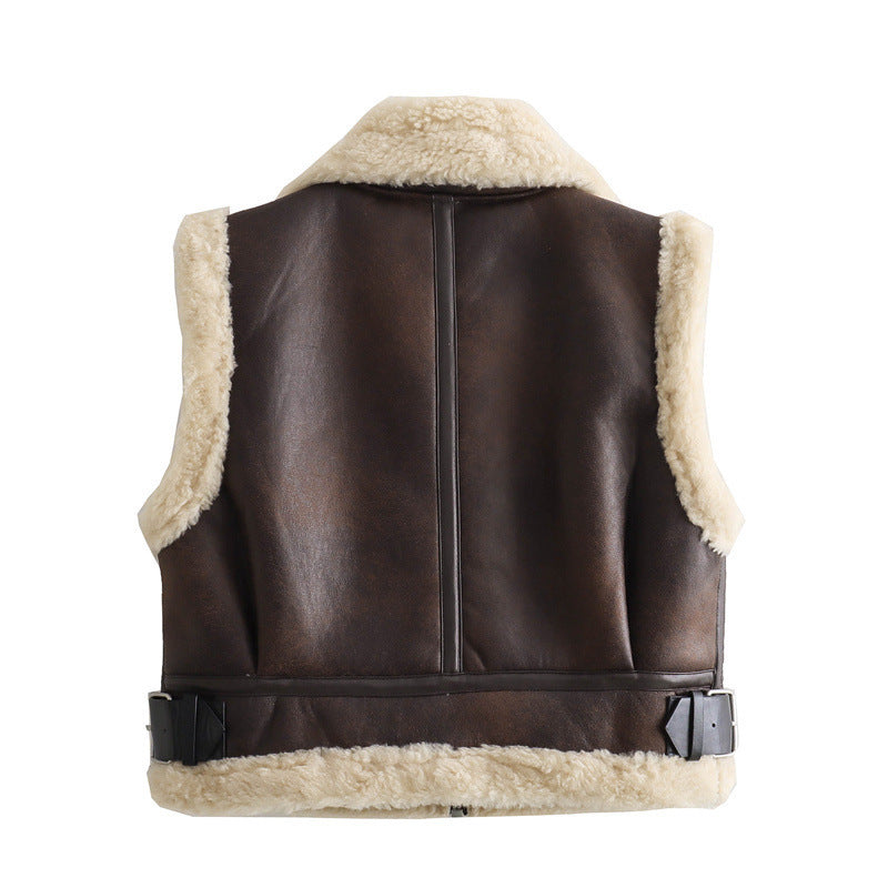 Women's Slim-fit Fleece-lined Lapel Double-sided Short Vest Jacket