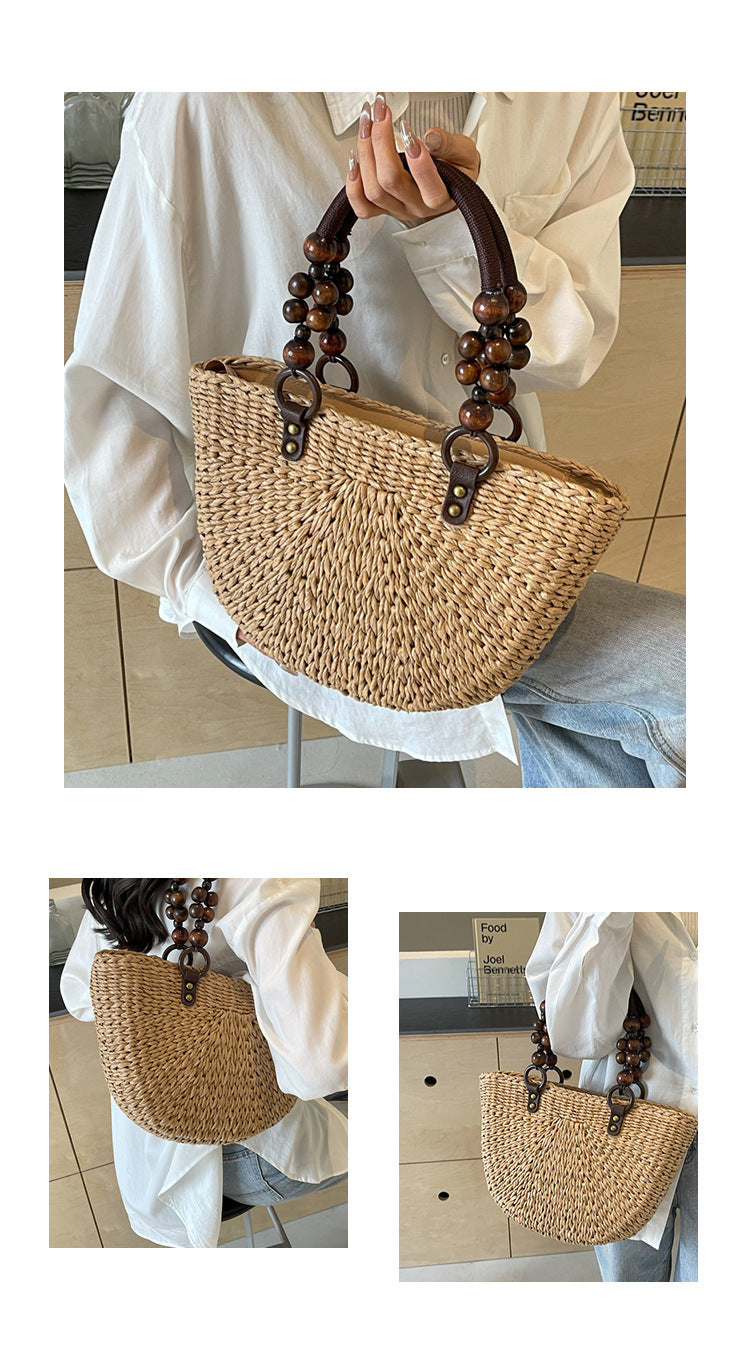 Bolso de mujer trenzado, bolso de mano para vacaciones en la playa, gran capacidad, informal, semicircular