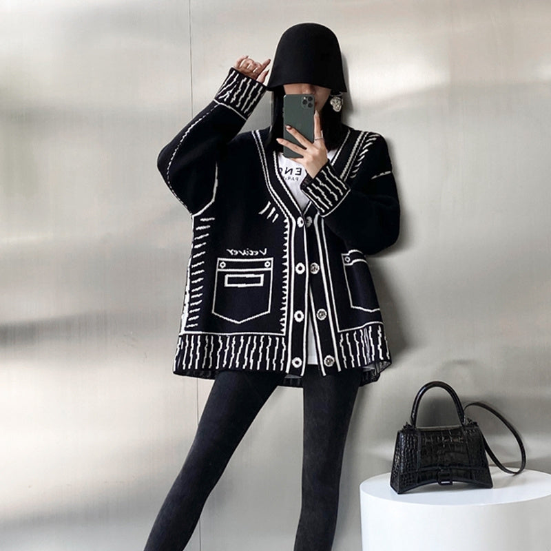 Graffiti Sweater Cardigan For Women V-neck Knitted Jacket