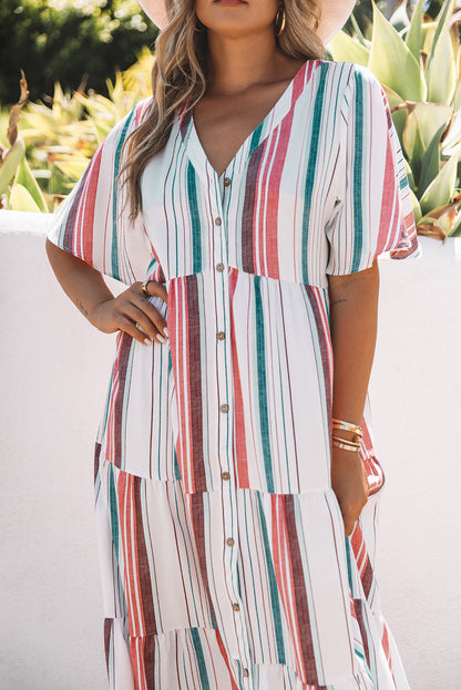 Robe chemise boutonnée à col en V rayée Serape