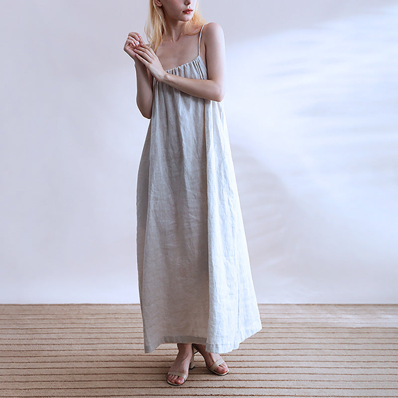 Linen Halterneck With Suspenders Strap Long Dress