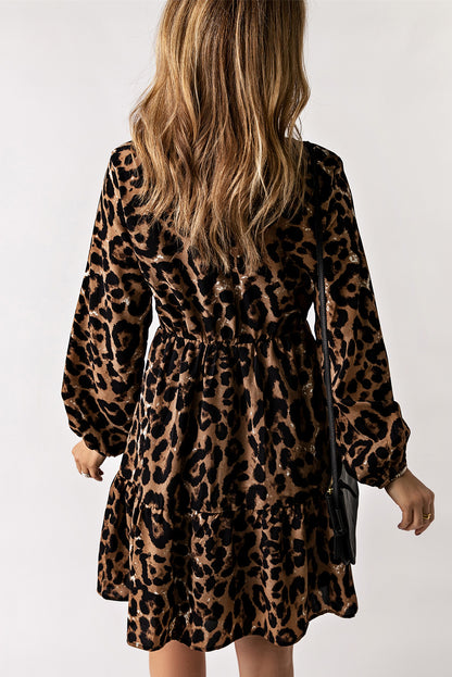 Leopard Ruffled Elastic Cuff Mini Dress