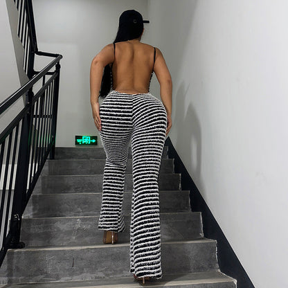 Hot Girl Sexy Big Backless Sling Show Chest Hip-lifting Striped One-piece Bell-bottom Pants