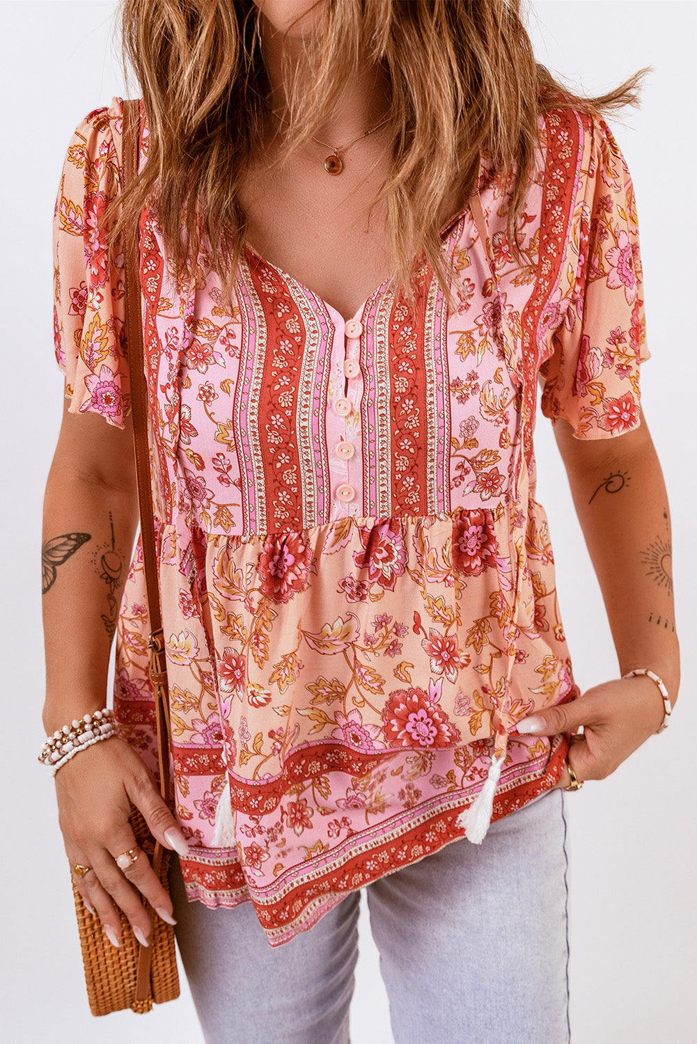 Blusa bohemia de manga corta con botones