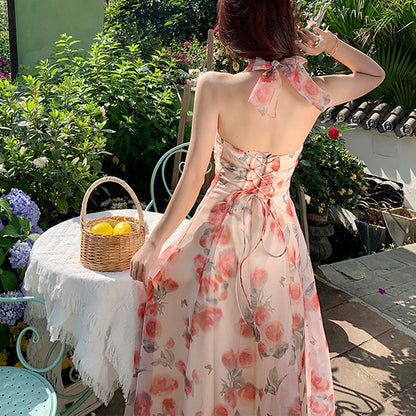 Women's Backless Holiday Printed Halter Dress