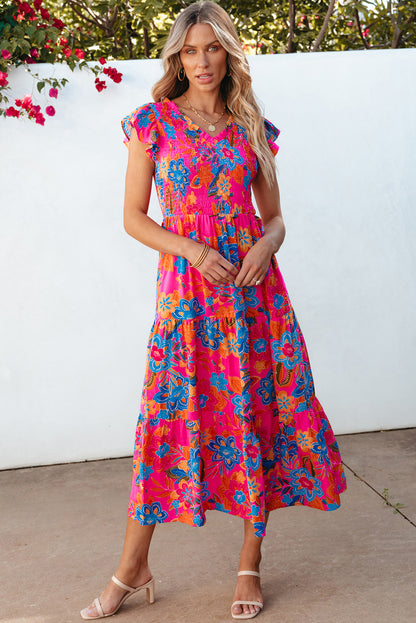 Vestido largo escalonado con volantes y cuello en V floral boho rojo rosa