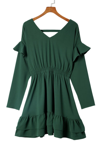 Mini vestido color sólido con volantes cuello en V cintura alta verde