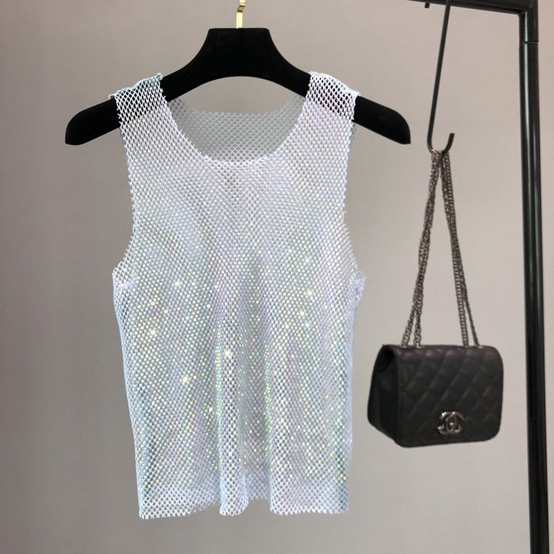 Gilet en maille strass pour femmes, haut sans manches ajouré en diamant léger