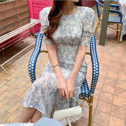 Floral Round Neck Tied Waist Trimming Short-sleeved Dress