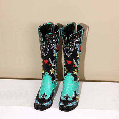 Denim Western Shoes Women's Leather Boots Exquisite Embroidery