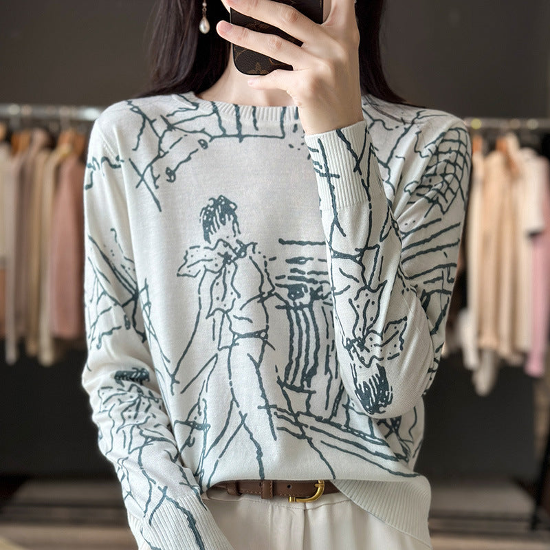 Round Neck Printed Silk Worsted Wool Sweater Pullover