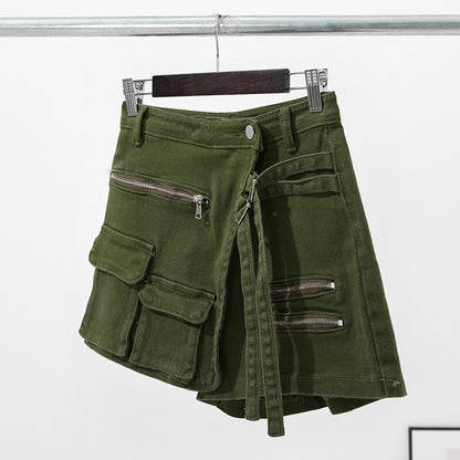 Workwear Denim Shorts Green Belt Loop Decorative Hot Pants