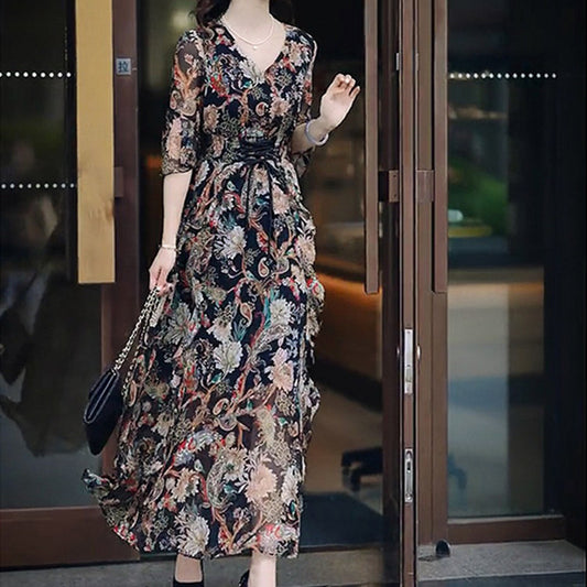 Dress Female Age Reduction V-neck Floral