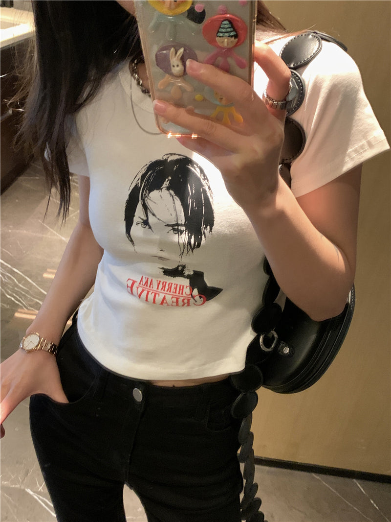 Camiseta de manga corta con ombligo expuesto de algodón Top de cintura alta para mujer