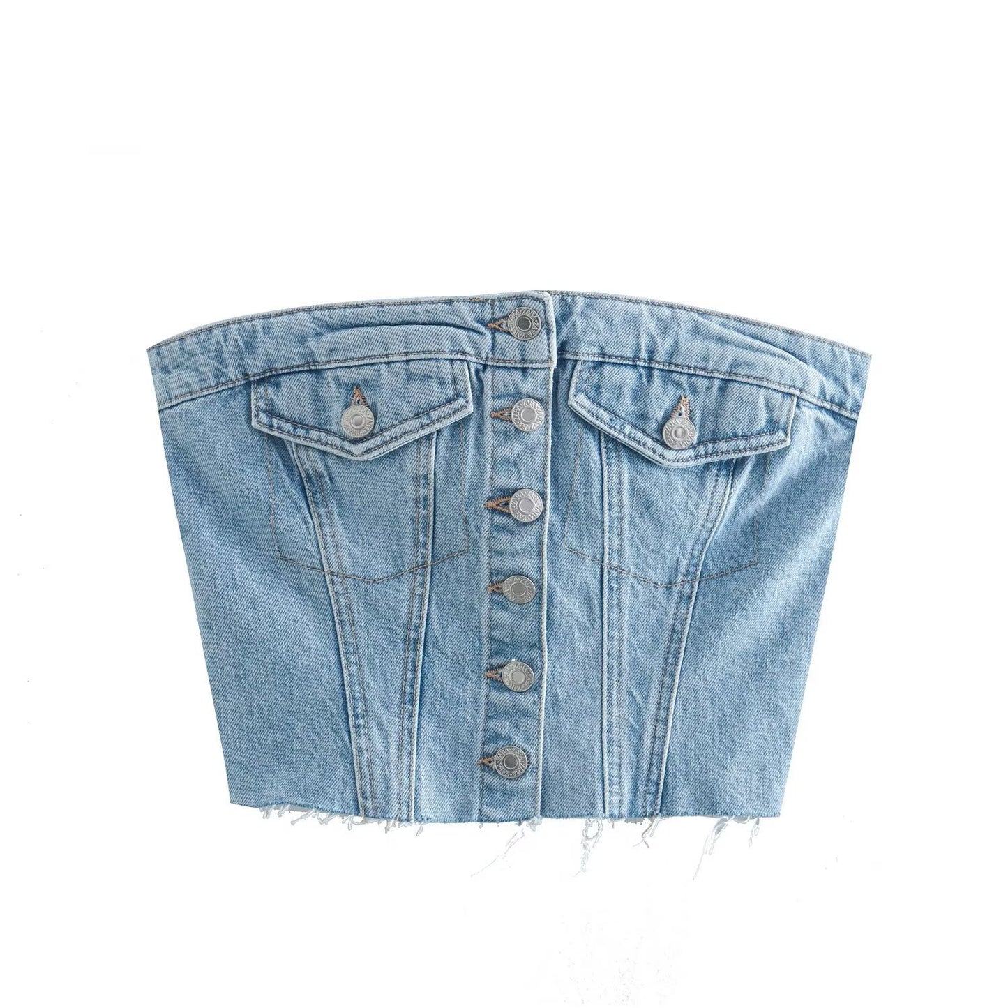 Denim Wrap Top With Ins Strapless Pockets