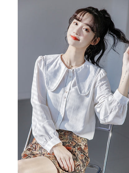 Doll Collar Blue Shirt Women's Long Sleeve Design Sense