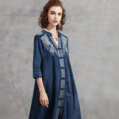 Embroidered Plus Size Women's Mid-sleeve Denim Dress