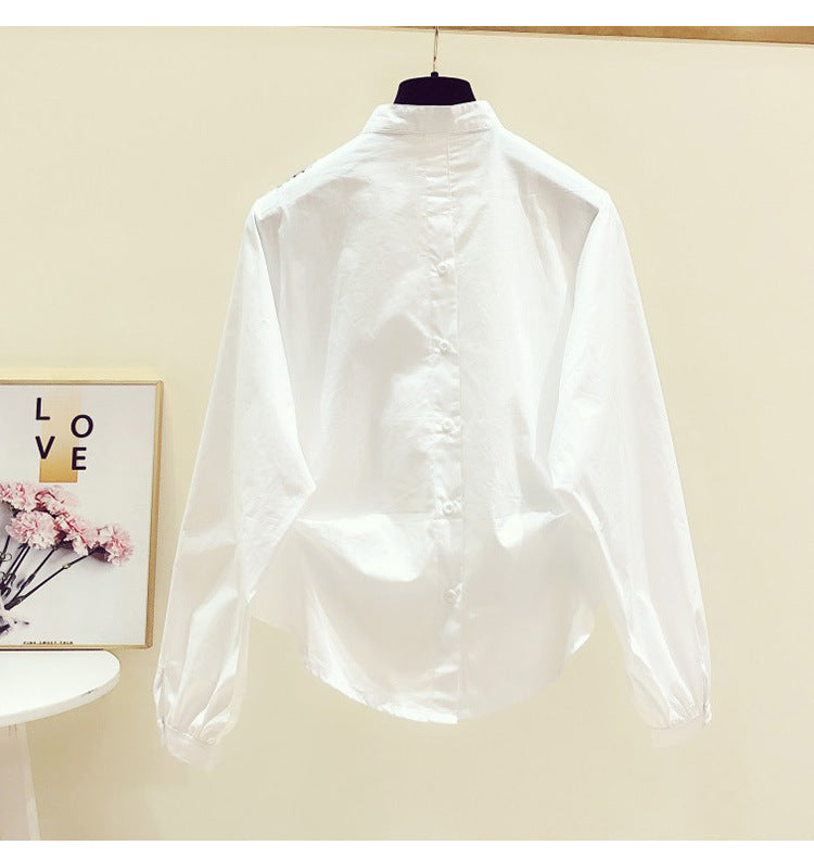 Camisa de manga larga con cuello en V Camisa blanca informal que combina con todo para mujer