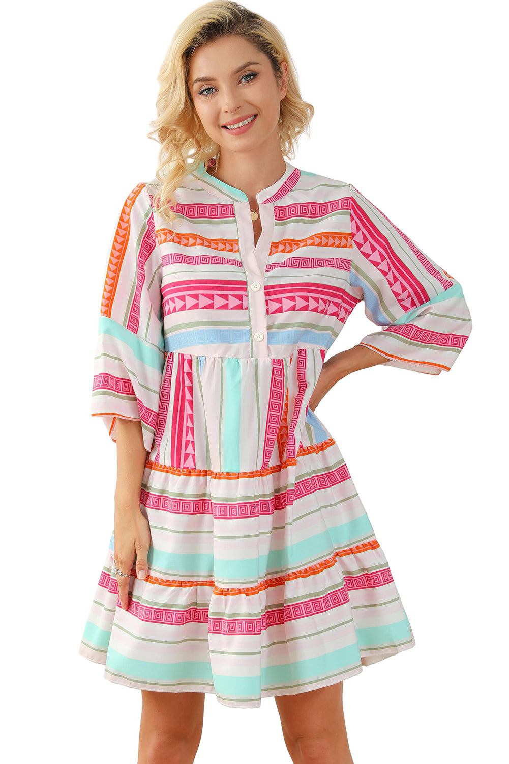 Multicolour Boho Geometric Print Bracelet Sleeve Buttoned Mini Dress