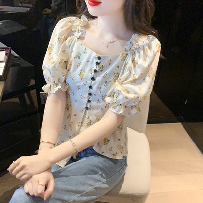 Women's Fashion French V-neck Irregular Floral Shirt