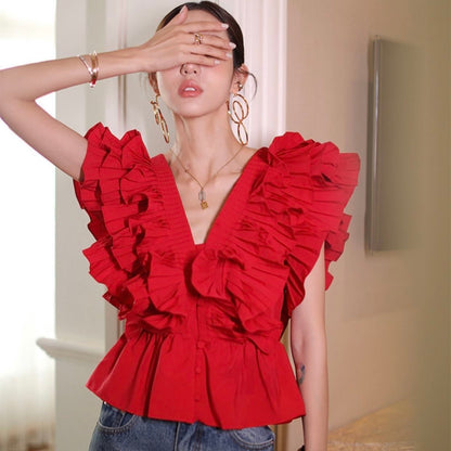 Ruffled V-neck French Shirt Women Retro Pleated Waist Slim Sleeveless Top