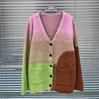 Mohair Gradient Color V-neck Knitted Cardigan Women