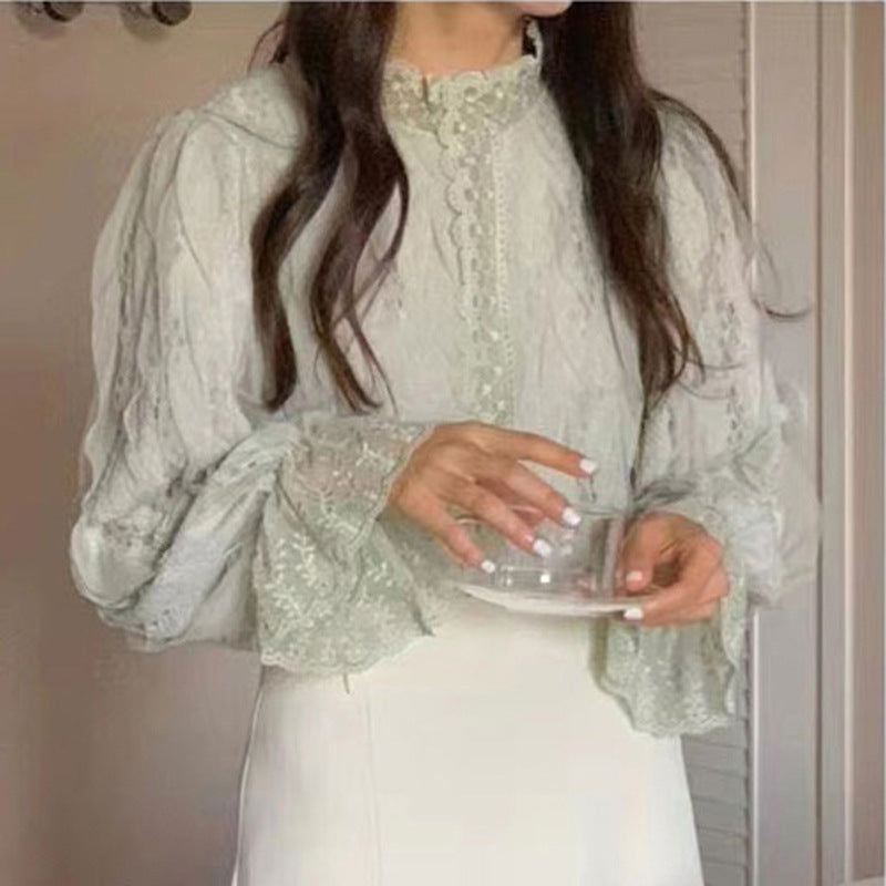 Elegant Temperament Lace Lace Puff Sleeve Stand Collar Shirt Women